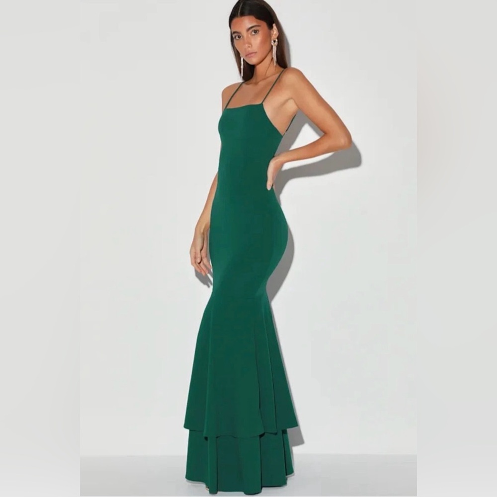 Emerald Green Lulus Mermaid Gown Maxi Dress Tiered Size Medium Large